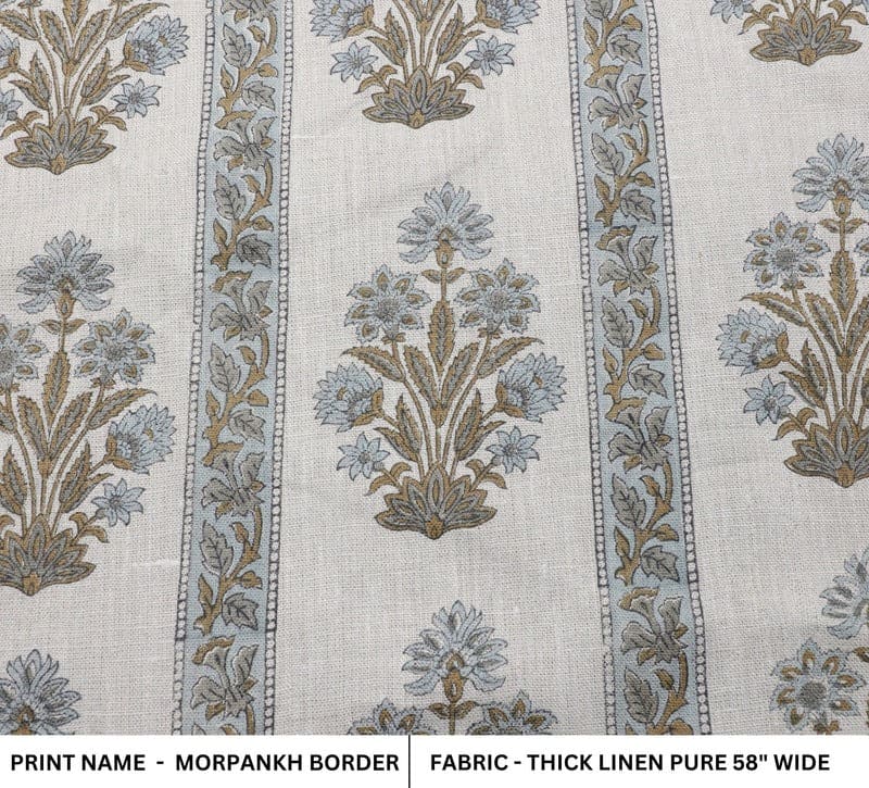 Hand Block Printed Gray & Green Linen Cushion Fabric - Morpankh