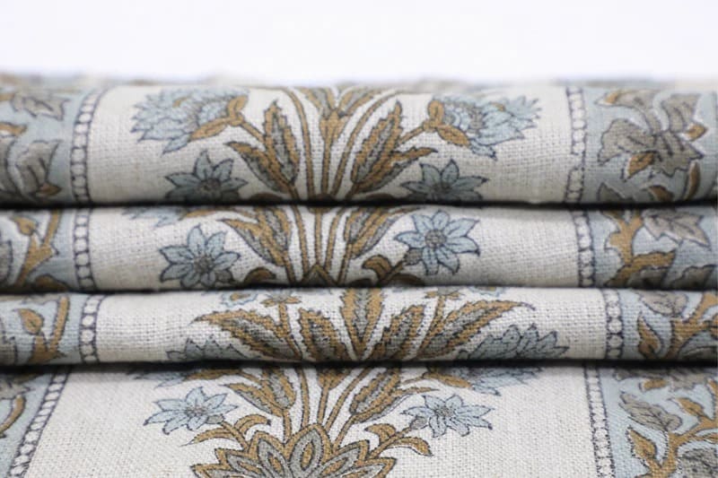 Hand Block Printed Gray & Green Linen Cushion Fabric - Morpankh