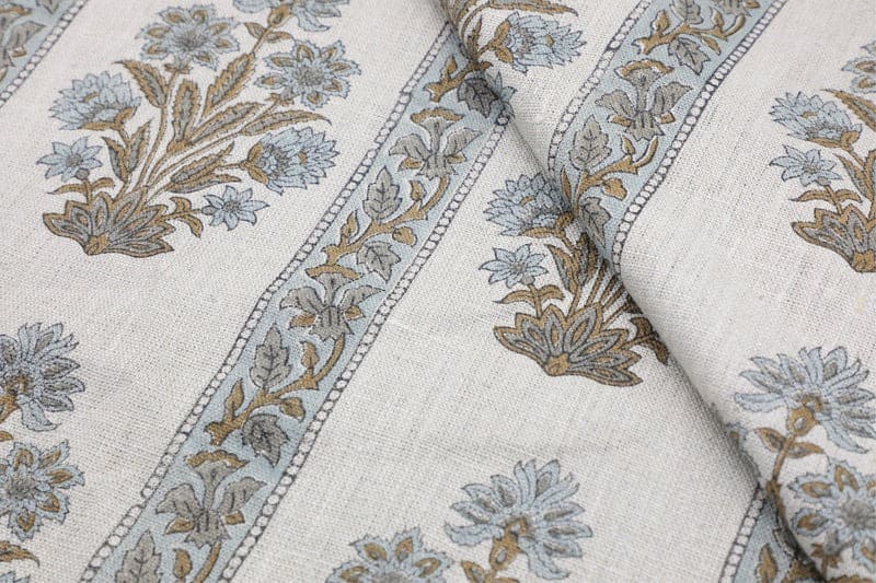 Hand Block Printed Gray & Green Linen Cushion Fabric - Morpankh