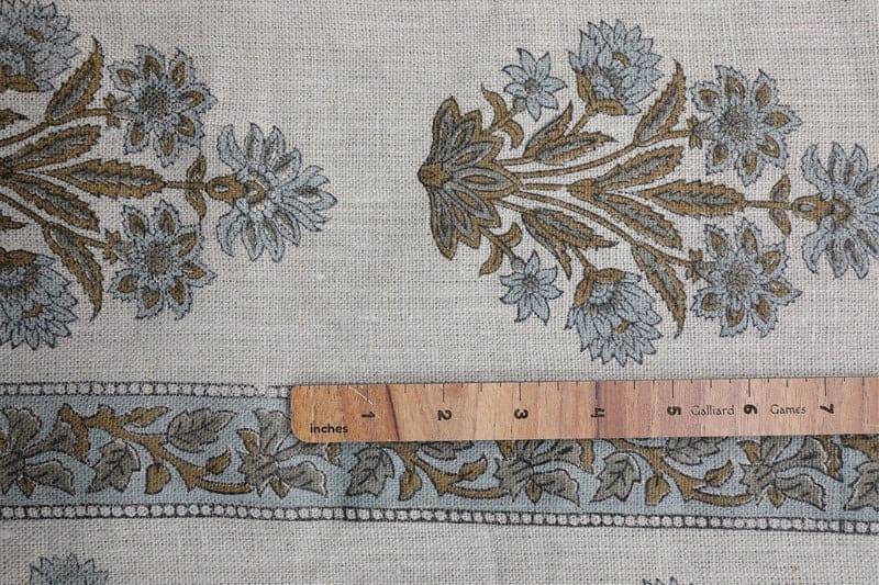 Hand Block Printed Gray & Green Linen Cushion Fabric - Morpankh