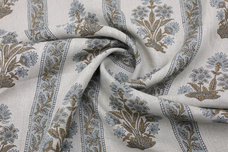 Hand Block Printed Gray & Green Linen Cushion Fabric - Morpankh