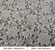 Hand Block Printed Gray & Mustard Thick Linen Fabric - Karwachauth