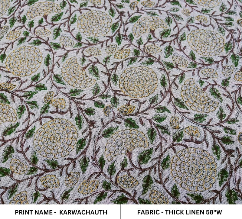 Hand Block Printed Gray & Mustard Thick Linen Fabric - Karwachauth
