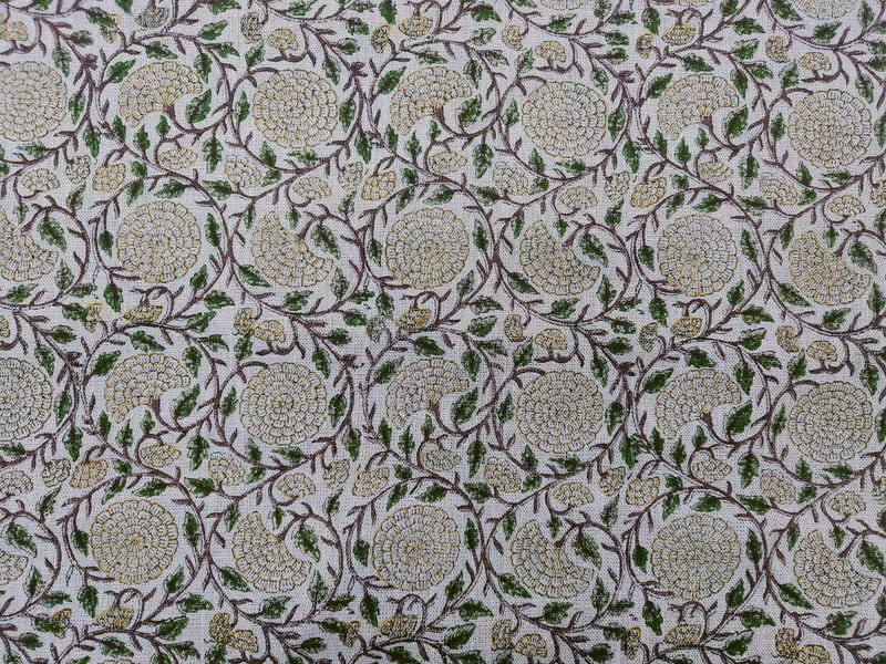 Hand Block Printed Gray & Mustard Thick Linen Fabric - Karwachauth