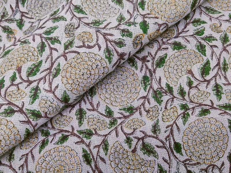 Hand Block Printed Gray & Mustard Thick Linen Fabric - Karwachauth