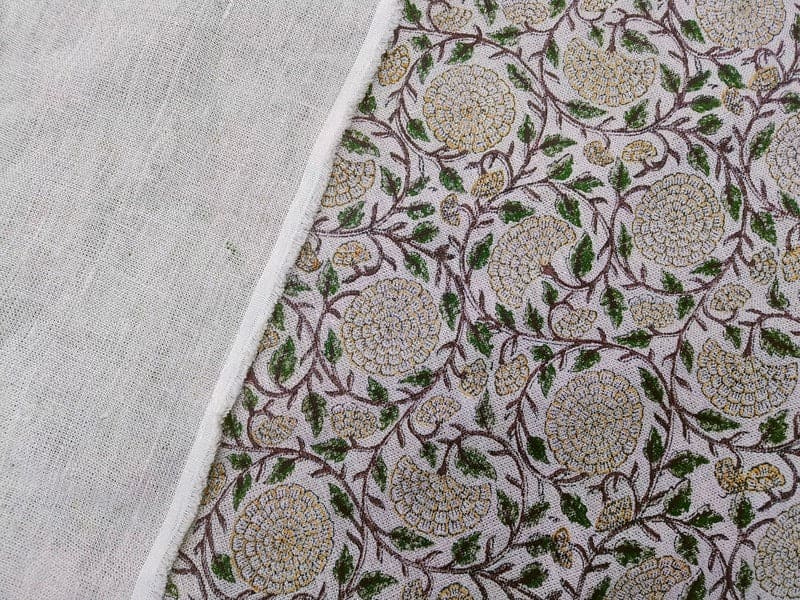 Hand Block Printed Gray & Mustard Thick Linen Fabric - Karwachauth