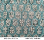 Hand Block Print Green Floral Linen Fabric for Sofa - Tulsi Buti
