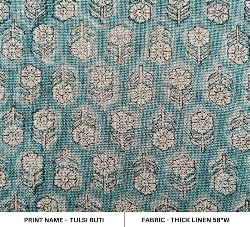 Hand Block Print Green Floral Linen Fabric for Sofa - Tulsi Buti
