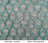 Hand Block Print Green Floral Linen Fabric for Sofa - Tulsi Buti