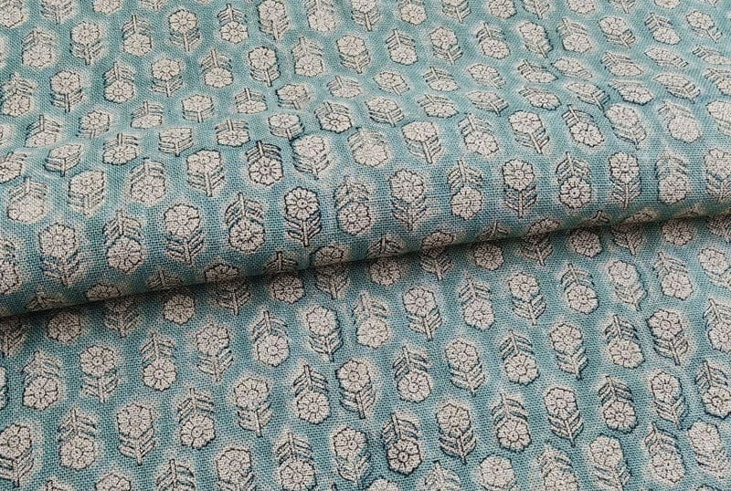 Hand Block Print Green Floral Linen Fabric for Sofa - Tulsi Buti
