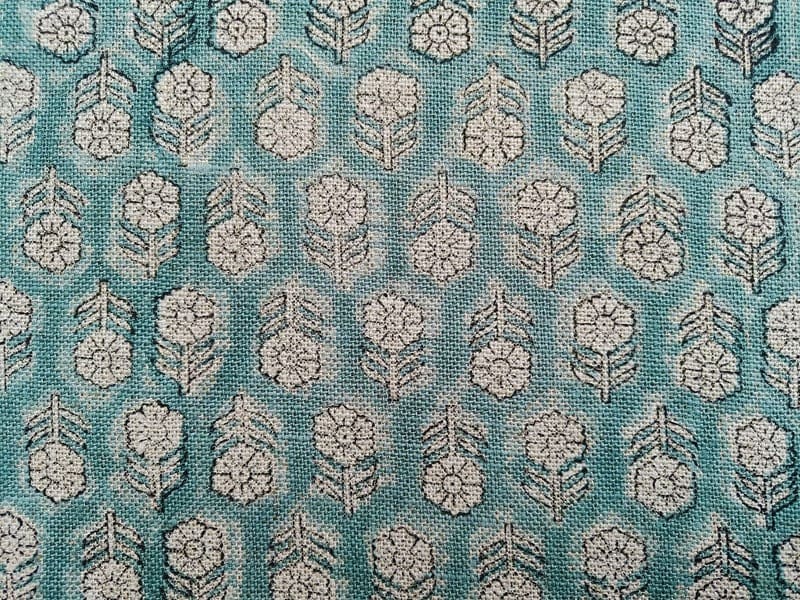 Hand Block Print Green Floral Linen Fabric for Sofa - Tulsi Buti