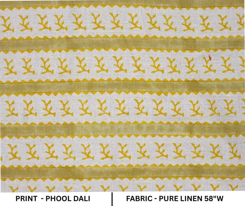 Hand Block Print Mustard & Green Floral Pure Linen Fabric - Phool Dali
