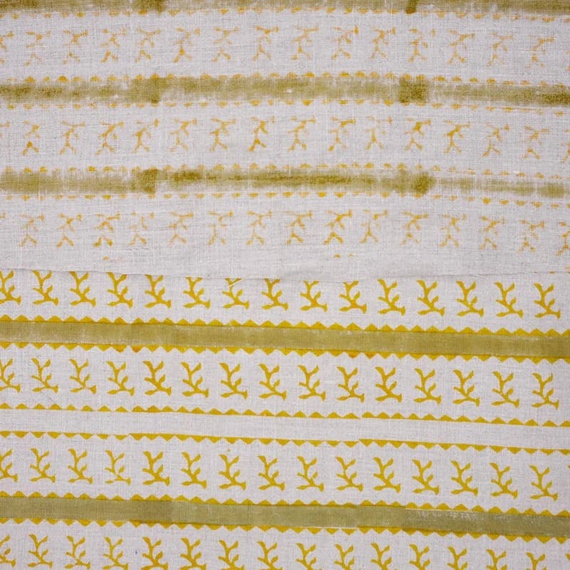 Hand Block Print Mustard & Green Floral Pure Linen Fabric - Phool Dali