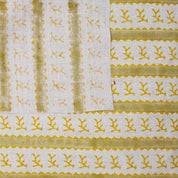 Hand Block Print Mustard & Green Floral Pure Linen Fabric - Phool Dali