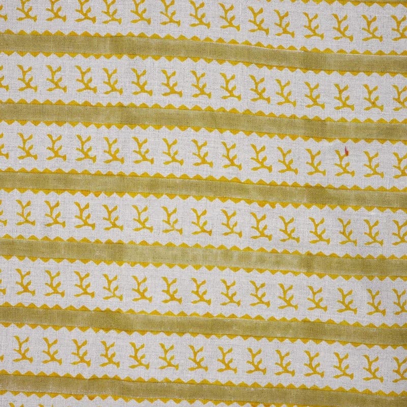 Hand Block Print Mustard & Green Floral Pure Linen Fabric - Phool Dali