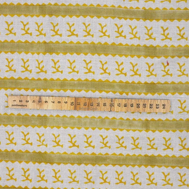 Hand Block Print Mustard & Green Floral Pure Linen Fabric - Phool Dali