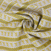 Hand Block Print Mustard & Green Floral Pure Linen Fabric - Phool Dali