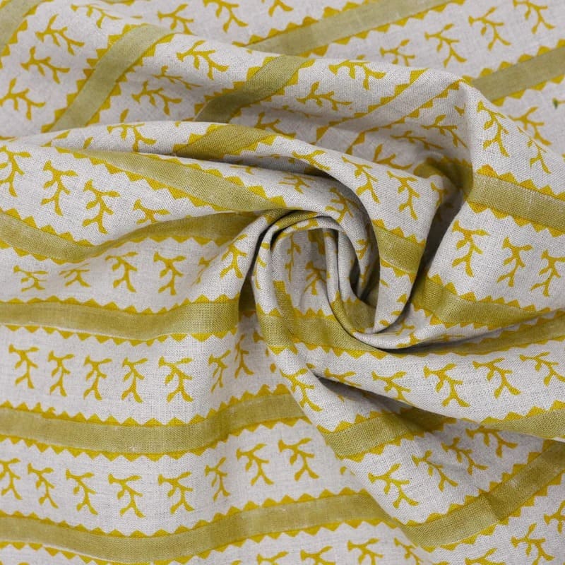 Hand Block Print Mustard & Green Floral Pure Linen Fabric - Phool Dali