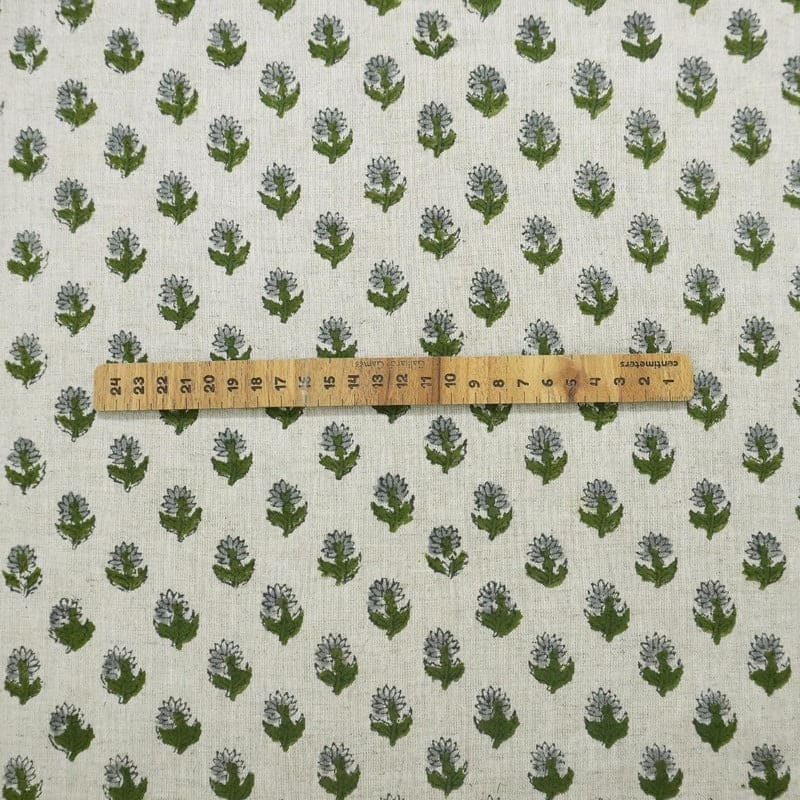 Hand Block Print Green & Pastel Linen Fabric for Curtain – Baby Flower