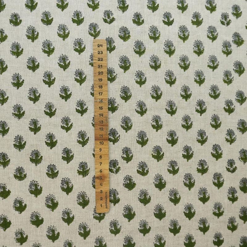 Hand Block Print Green & Pastel Linen Fabric for Curtain – Baby Flower