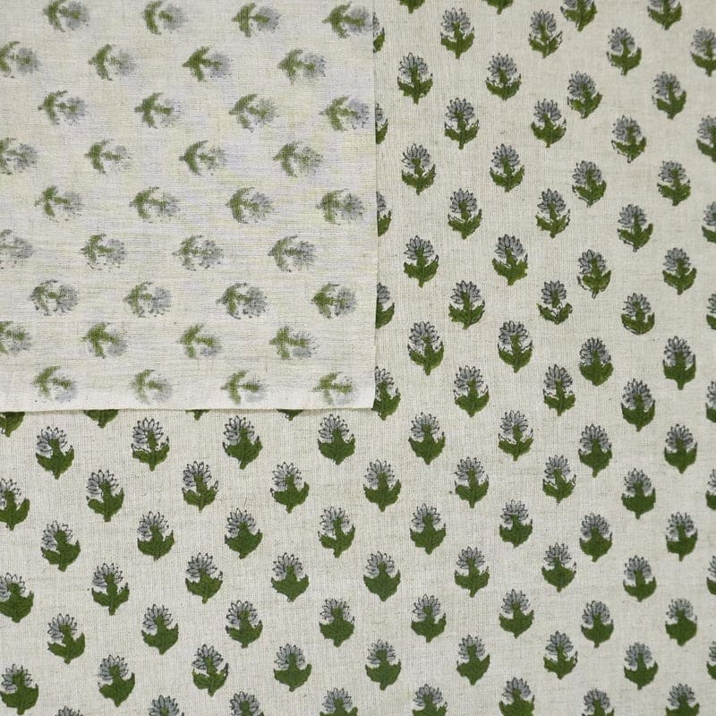 Hand Block Print Green & Pastel Linen Fabric for Curtain – Baby Flower