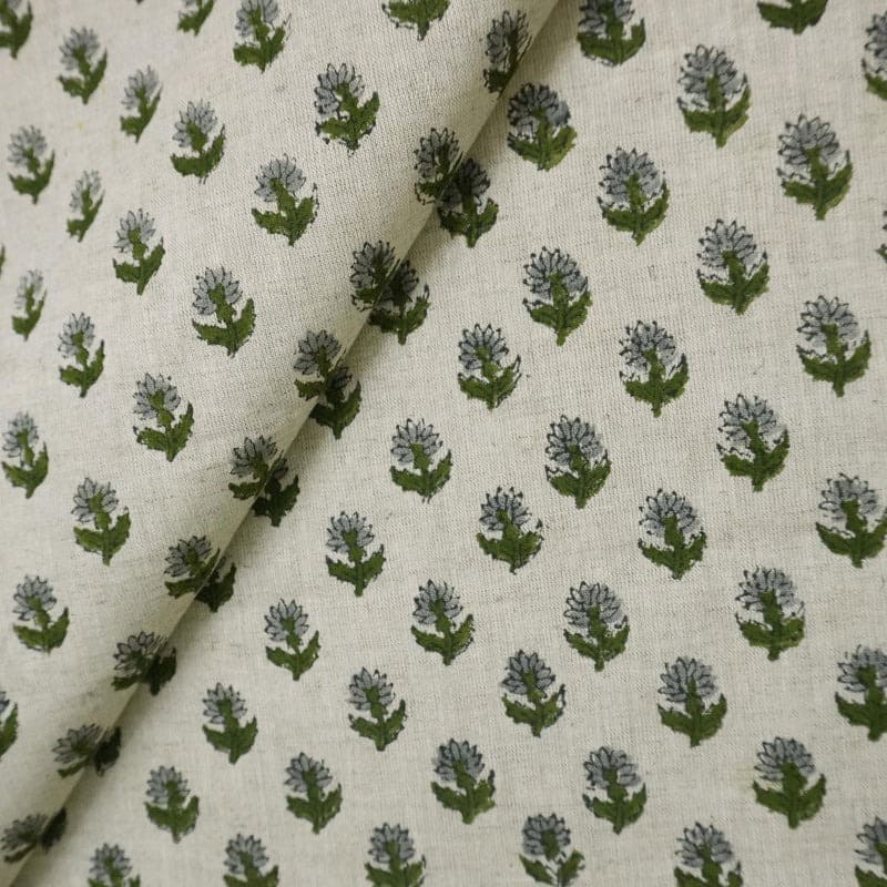 Hand Block Print Green & Pastel Linen Fabric for Curtain – Baby Flower