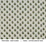 Hand Block Print Green & Pastel Linen Fabric for Curtain – Baby Flower