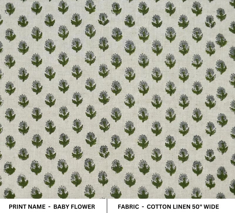 Hand Block Print Green & Pastel Linen Fabric for Curtain – Baby Flower