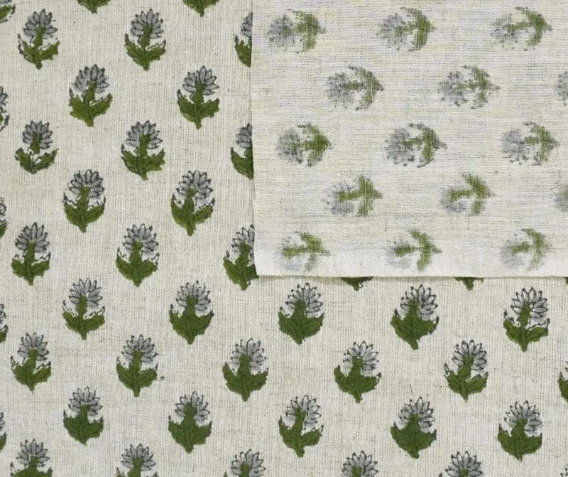 Hand Block Print Green & Pastel Linen Fabric for Curtain – Baby Flower