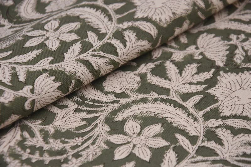 Artisan Block Print Green Floral Throw Fabric - Kundanvan