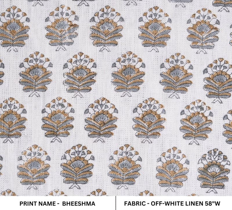 Hand Block Printed Off-White Mustard & Gray Fabric -Bheeshma