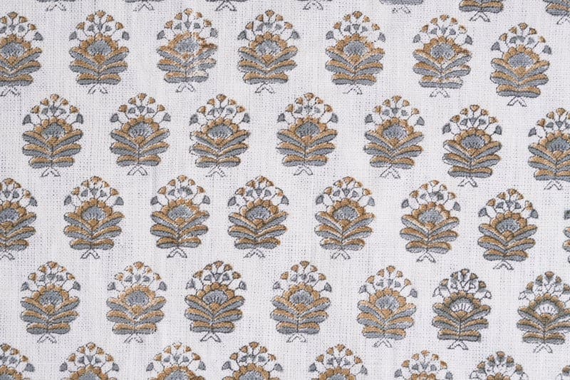 Hand Block Printed Off-White Mustard & Gray Fabric -Bheeshma