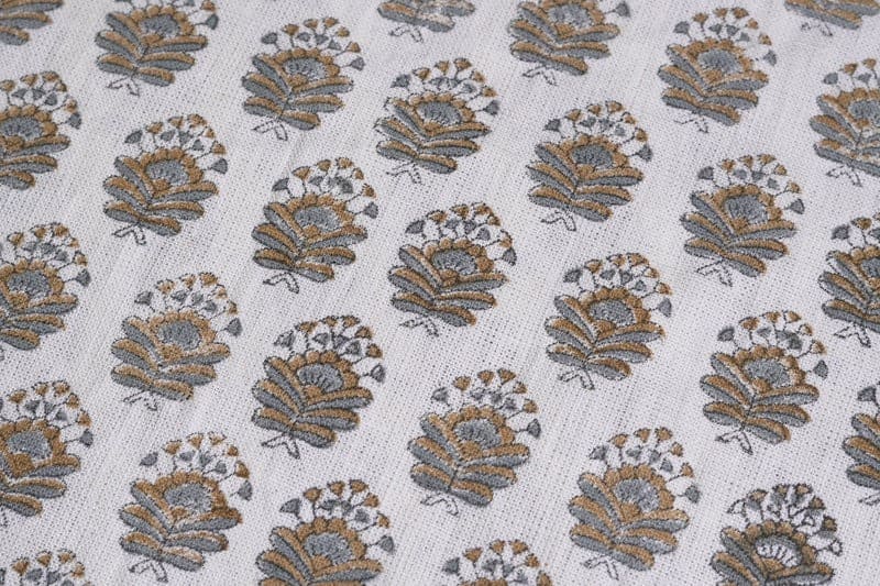 Hand Block Printed Off-White Mustard & Gray Fabric -Bheeshma