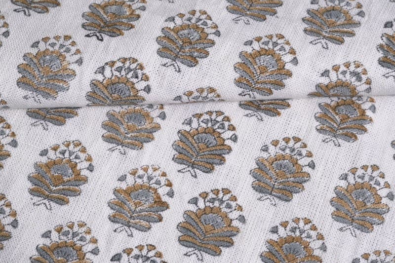 Hand Block Printed Off-White Mustard & Gray Fabric -Bheeshma