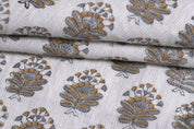 Hand Block Printed Off-White Mustard & Gray Fabric -Bheeshma