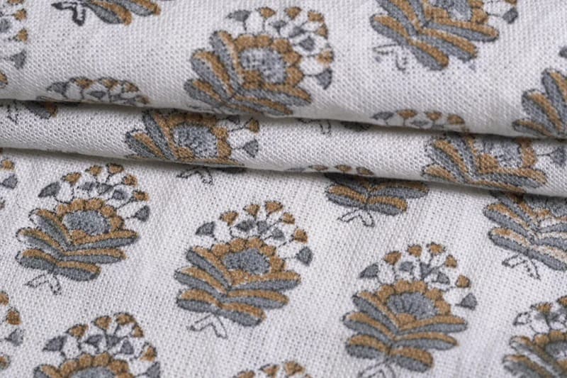 Hand Block Printed Off-White Mustard & Gray Fabric -Bheeshma