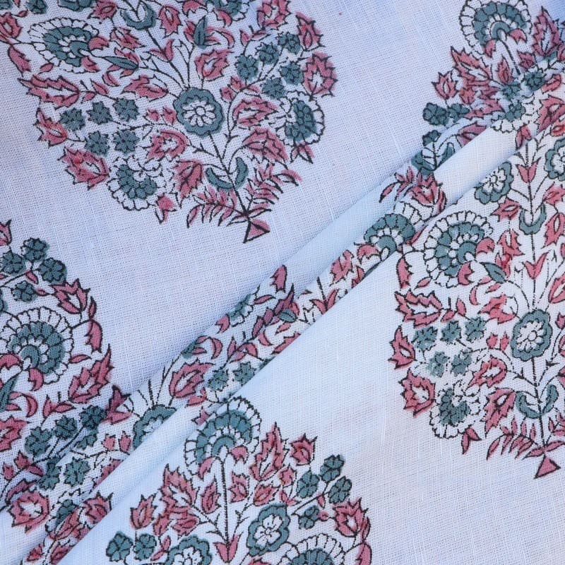 Hand Block Print Off- White linen fabric - Guldasta