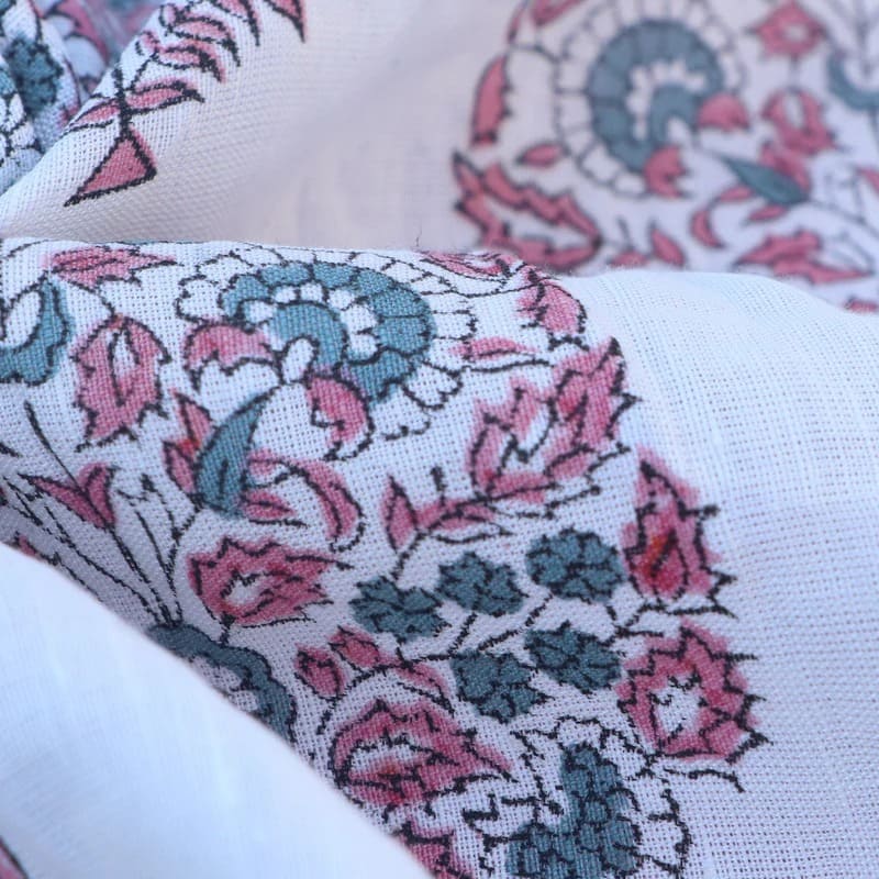 Hand Block Print Off- White linen fabric - Guldasta