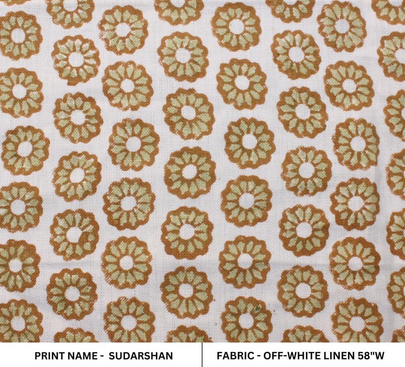 Hand Block Print Off White Linen Fabric - Sudarshan chakra