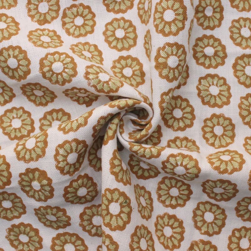 Hand Block Print Off White Linen Fabric - Sudarshan chakra