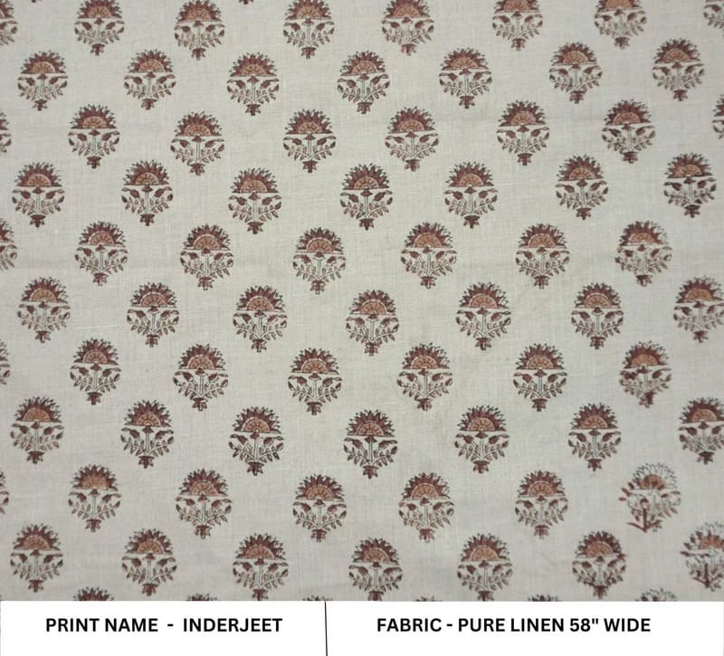 Hand Block Print Pure Linen Brown & Gray Fabric for Room Decor - Inderjeet