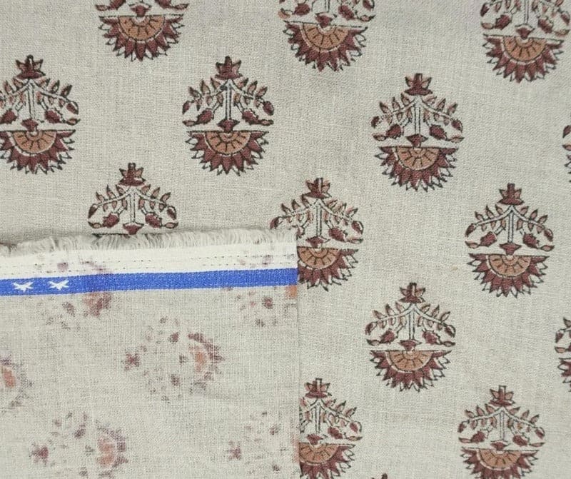 Hand Block Print Pure Linen Brown & Gray Fabric for Room Decor - Inderjeet