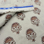 Hand Block Print Pure Linen Brown & Gray Fabric for Room Decor - Inderjeet