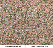 Block Print Green Floral Pure Linen Fabric - Himachal