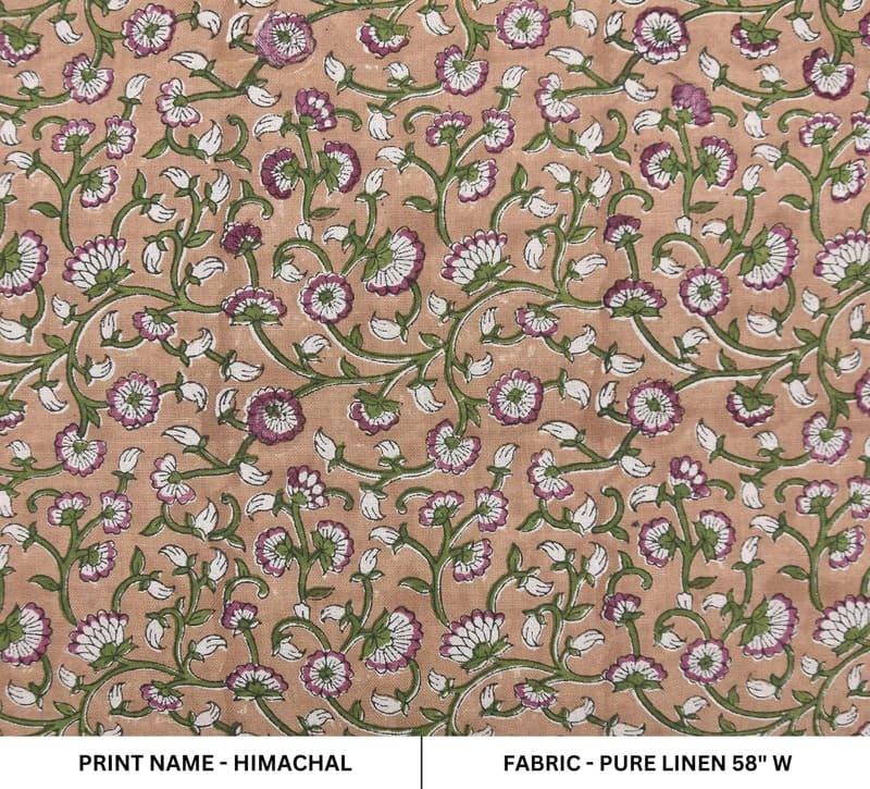 Block Print Green Floral Pure Linen Fabric - Himachal