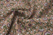 Block Print Green Floral Pure Linen Fabric - Himachal