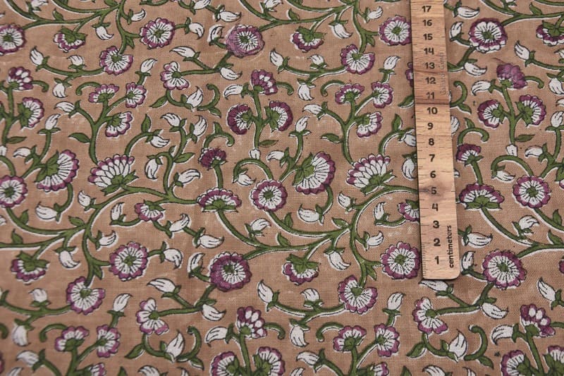 Block Print Green Floral Pure Linen Fabric - Himachal