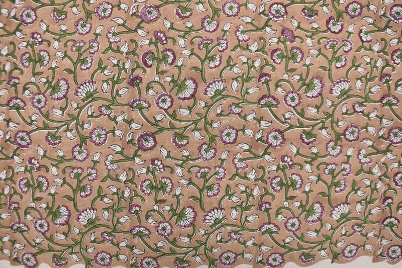 Block Print Green Floral Pure Linen Fabric - Himachal