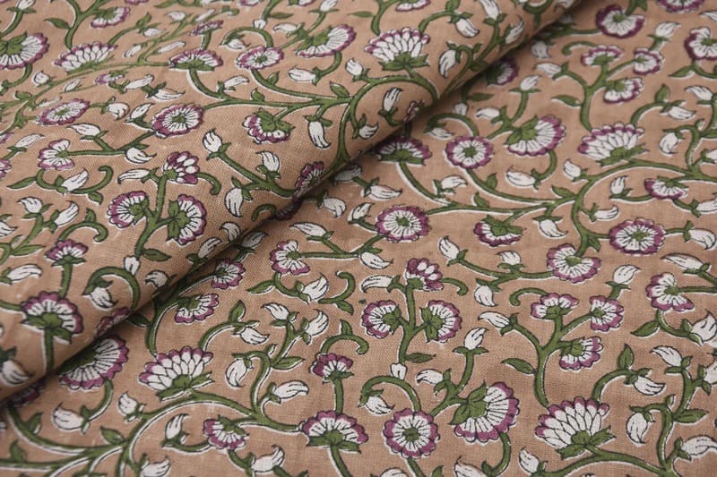 Block Print Green Floral Pure Linen Fabric - Himachal
