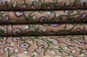 Block Print Green Floral Pure Linen Fabric - Himachal